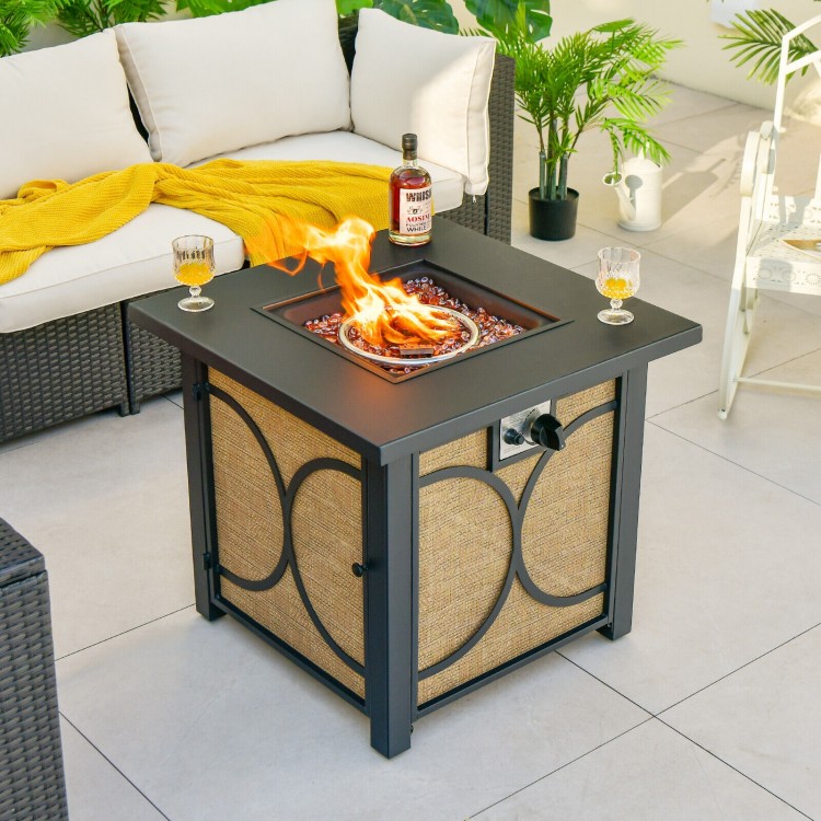 28-inch outdoor square fire pit table with a stainless steel burner and a stylish design, perfect for cozy gatherings.