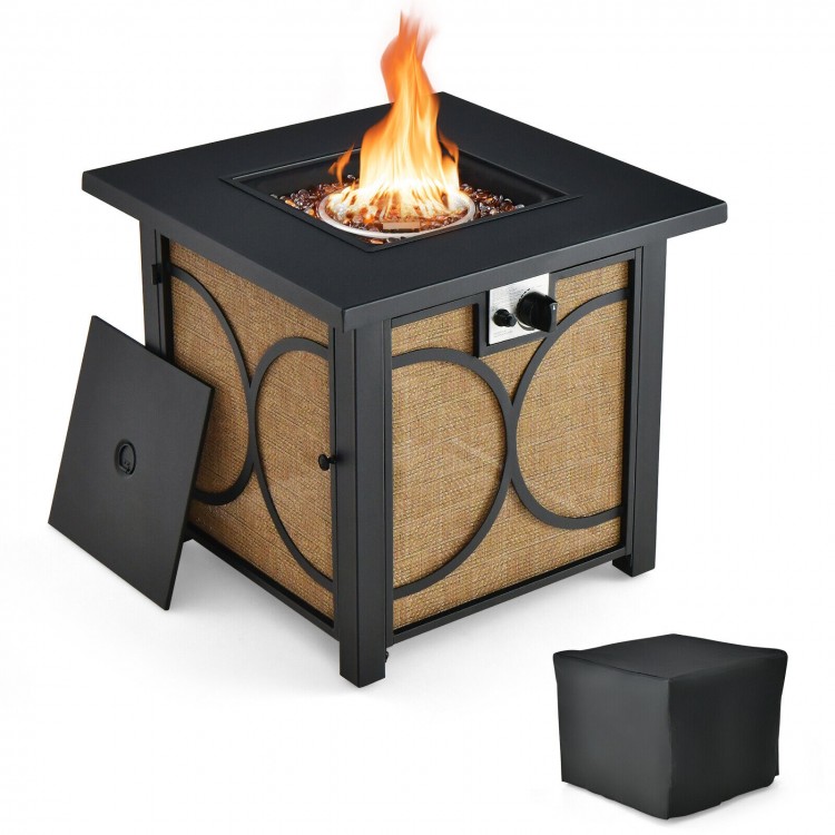 Square 28-inch outdoor fire pit table with a 50,000 BTU output, featuring a sturdy metal frame and protective cover.
