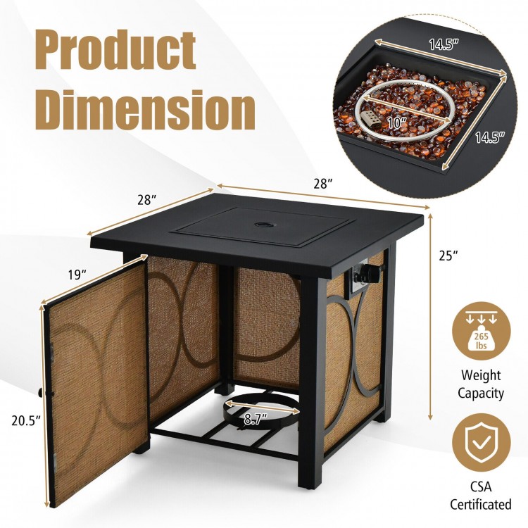 28-inch outdoor square fire pit table with dimensions, featuring a durable metal frame and tear-resistant fabric.