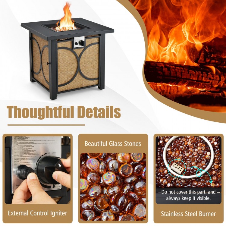 28-inch outdoor square fire pit table with stainless steel burner and external control igniter for warmth and style.