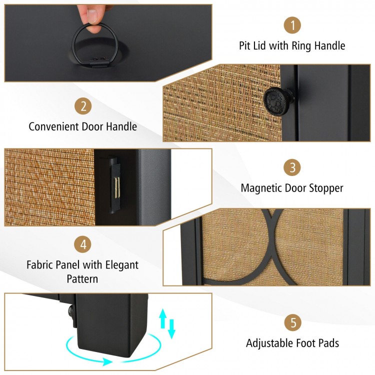 Close-up of the 28-inch outdoor fire pit table features, including a convenient door handle and adjustable foot pads.