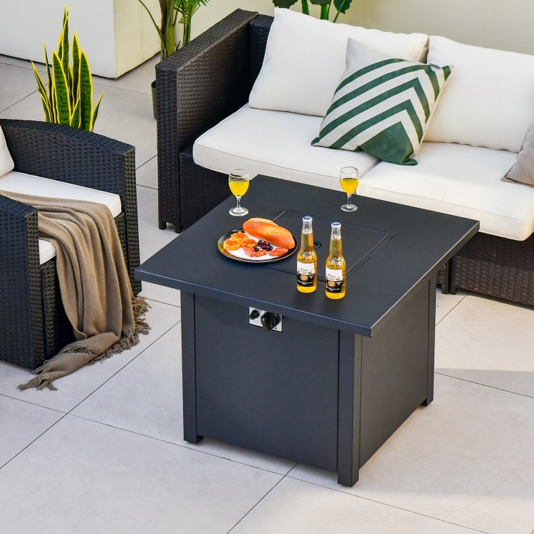 Square propane gas fire pit table with 50,000 BTU output, used as a coffee table, featuring a heavy-duty metal frame.