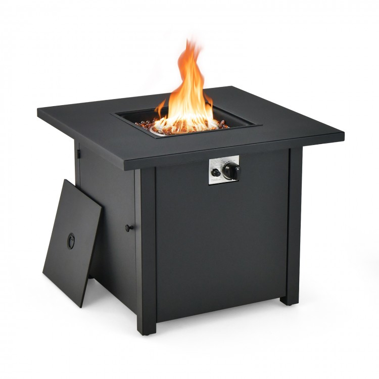 Square propane gas fire pit table with 50,000 BTU output, featuring a durable metal frame and adjustable flame control.