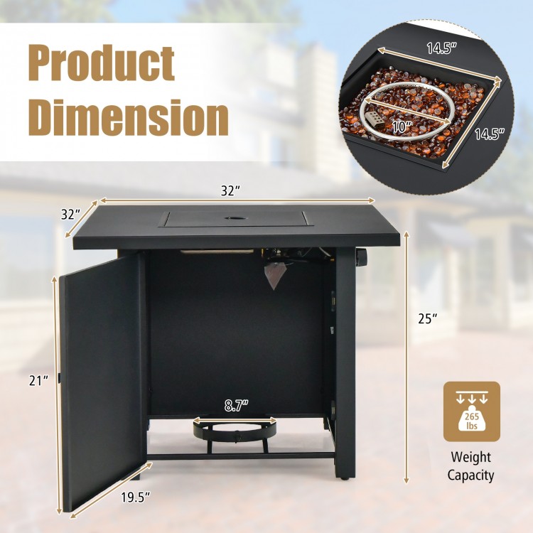 32-inch square propane gas fire pit table dimensions with 50,000 BTU output, ideal for outdoor warmth and style.