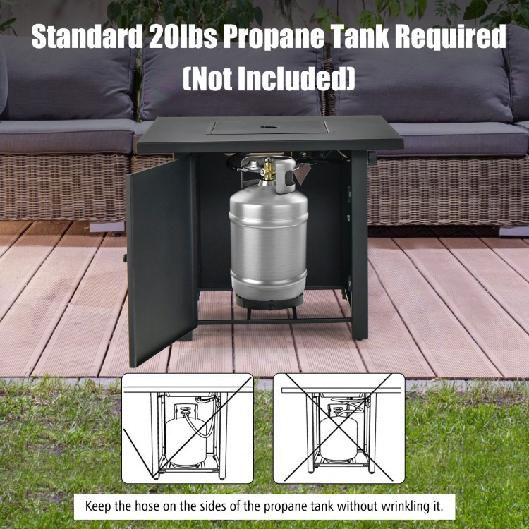 32-inch square propane gas fire pit table with a stainless steel burner, requiring a standard 20 lbs propane tank.