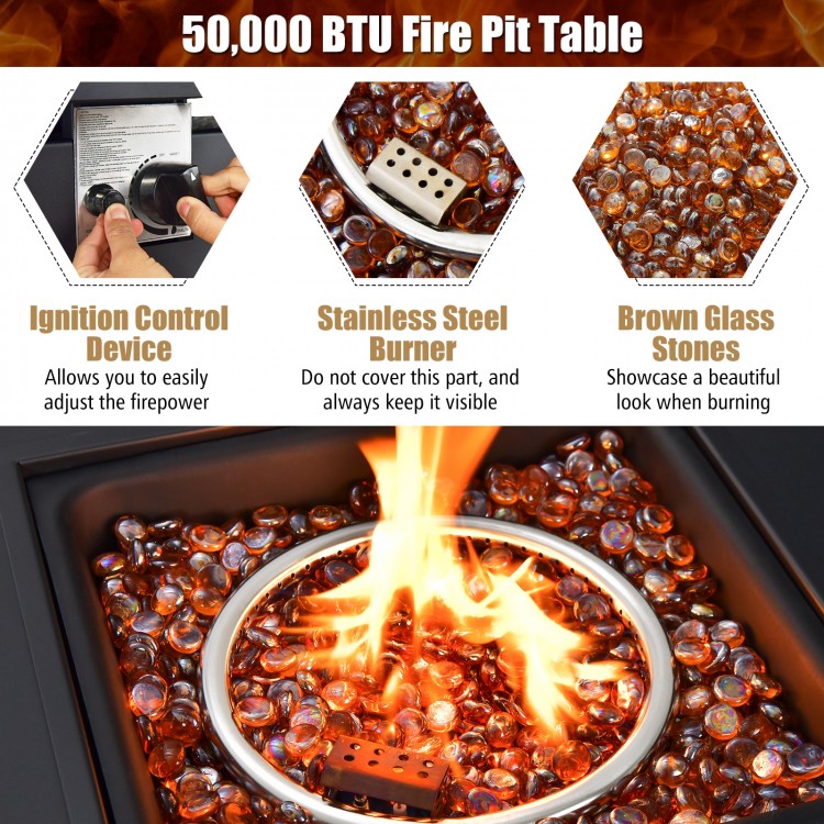 Square propane gas fire pit table with stainless steel burner and brown glass stones, perfect for outdoor warmth.