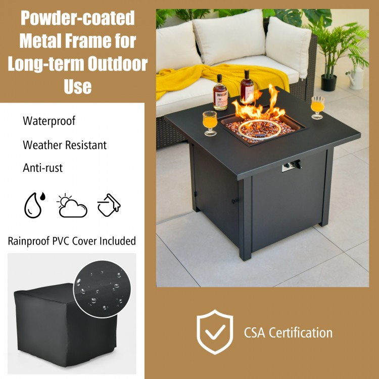 Square propane gas fire pit table with 50,000 BTU output, waterproof cover, and durable metal frame for outdoor use.