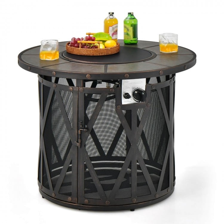 32-inch fire pit table with mesh design, 30,000 BTU output, and PVC cover, perfect for outdoor gatherings.