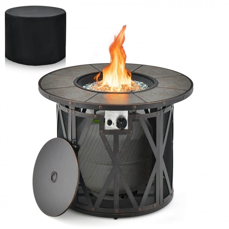 32-inch fire pit table with fire glass, heavy-duty metal frame, and PVC cover for outdoor warmth and ambiance.