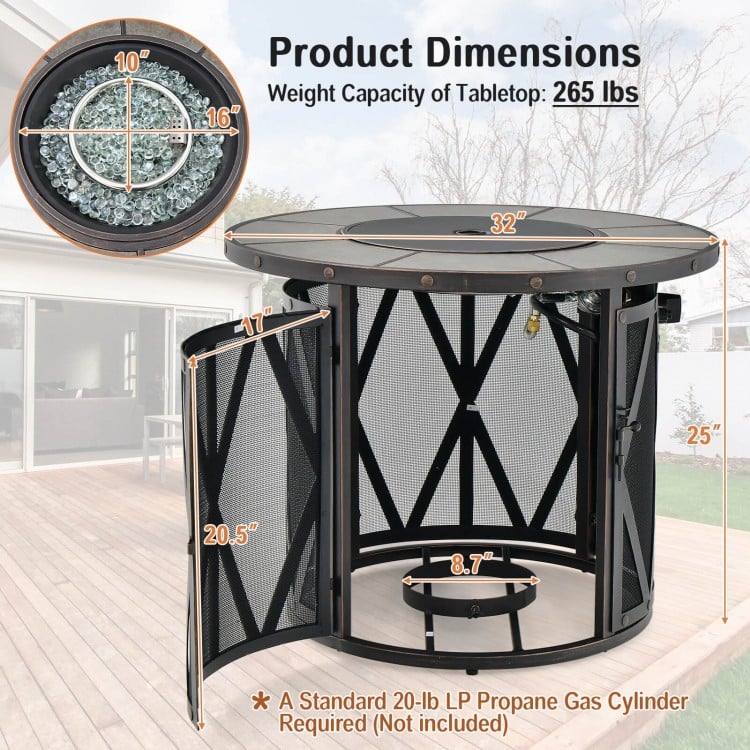 32-inch fire pit table with mesh design, 30,000 BTU output, and PVC cover for outdoor warmth and protection.