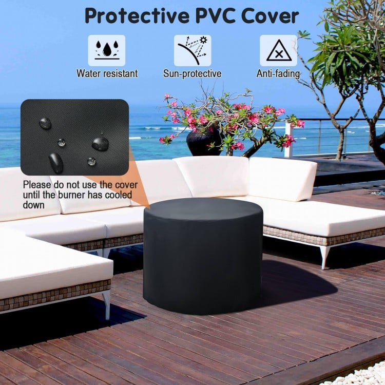 32-inch fire pit table with protective PVC cover, designed for durability and weather resistance, perfect for outdoor.