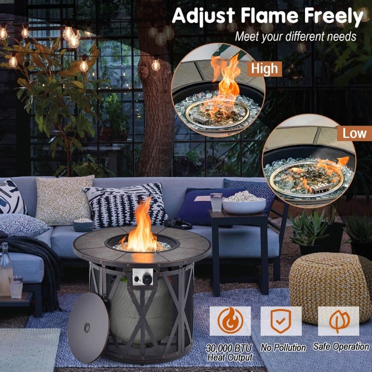 32-inch fire pit table with adjustable flame, 30,000 BTU output, featuring fire glasses and PVC cover for outdoor use.