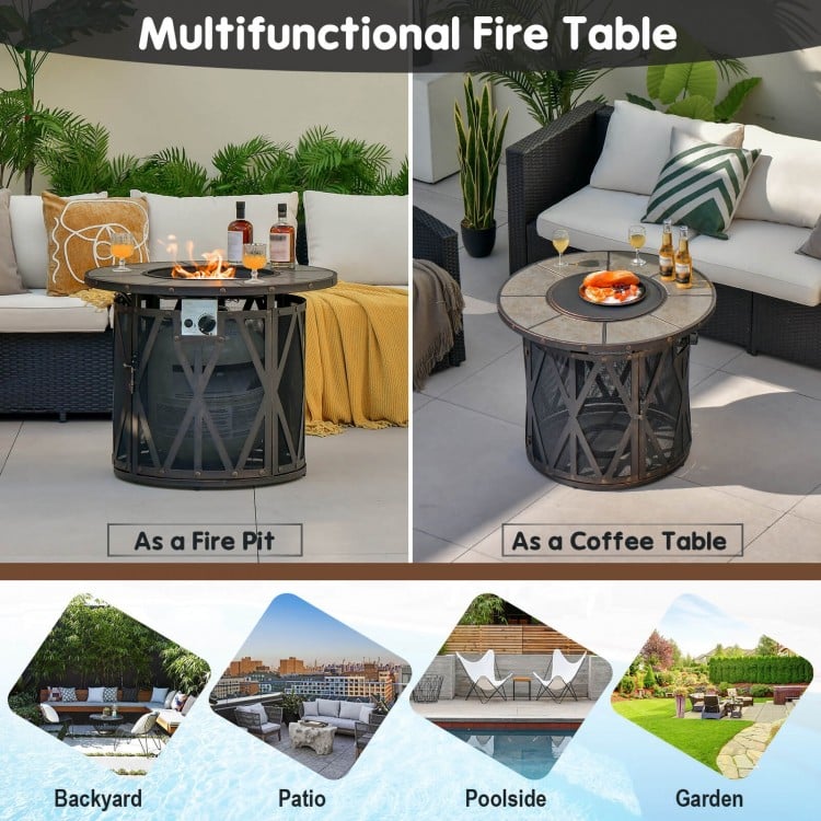 32-inch fire pit table with fire glasses, convertible to a coffee table, featuring a durable metal frame for outdoor.