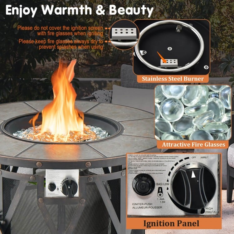 32-inch fire pit table with stainless steel burner, fire glasses, and PVC cover for warmth and outdoor enjoyment.