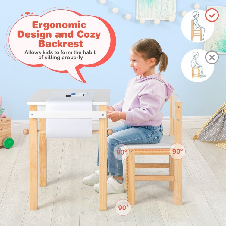 Kids art table and chair set with ergonomic design, natural wood legs, and replaceable drawing paper for creative play.