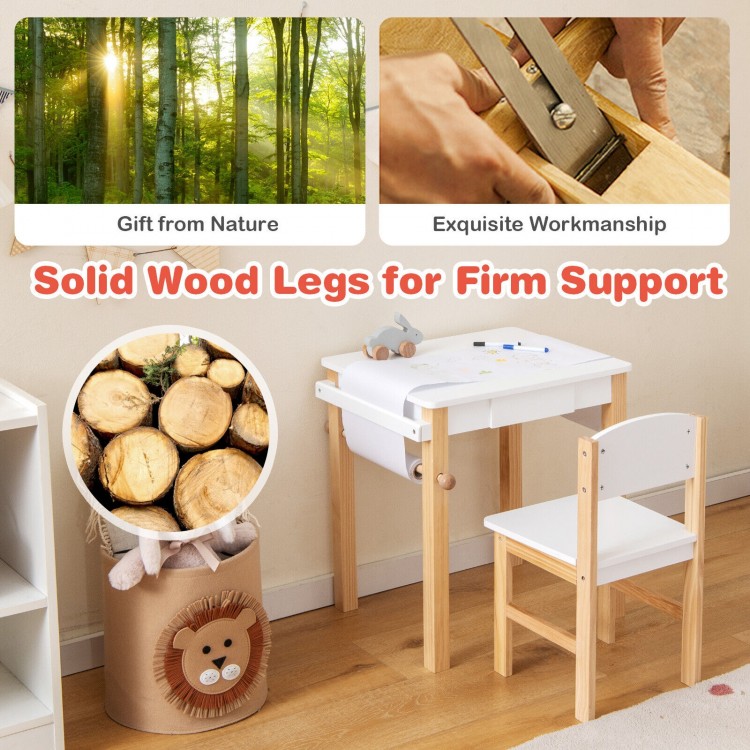 Kids art table and chair set with solid wood legs, drawer, and paper roll for creative activities and safe use.