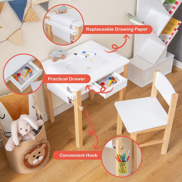 Kids art table and chair set with replaceable drawing paper, practical drawer, and ergonomic design for creative.