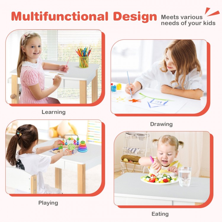 Kids art table and chair set featuring ergonomic design, natural wood legs, and a paper roll for drawing and crafts.
