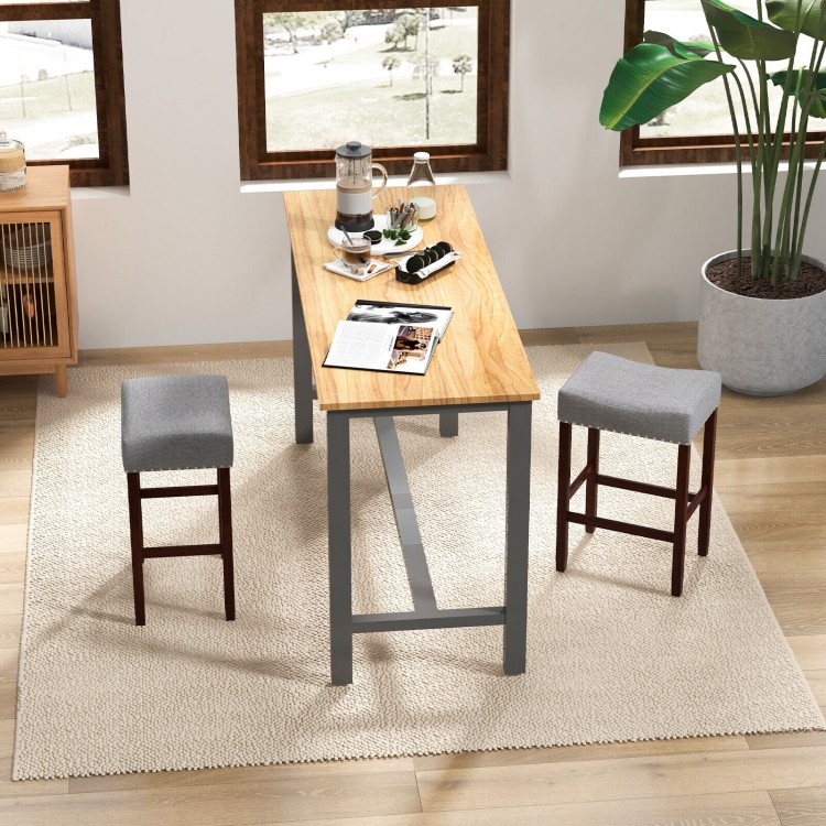Set of two gray bar stools with curved cushioned seats, ideal for kitchen or dining room use, featuring rubber wood.