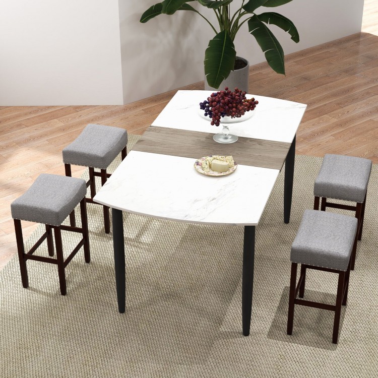 Set of 2 gray bar stools with curved seat cushions, rubber wood legs, ideal for kitchen or dining room use.