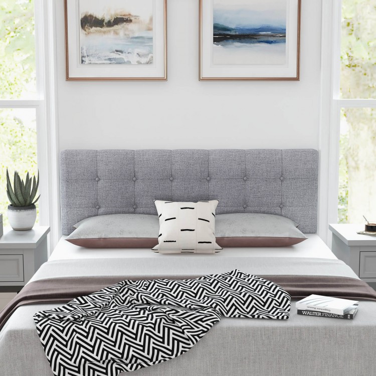 Gray linen upholstered headboard with exquisite button tufting, providing a soft touch and support for full/queen size.