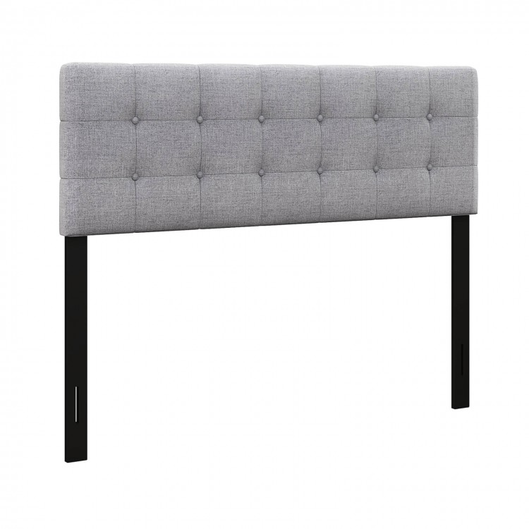 Gray linen upholstered headboard with button tufting and solid rubber wood legs, adjustable for full/queen size beds.