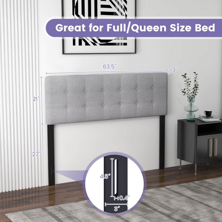Gray linen upholstered headboard with solid rubber wood legs, adjustable for full/queen size bed, featuring button.