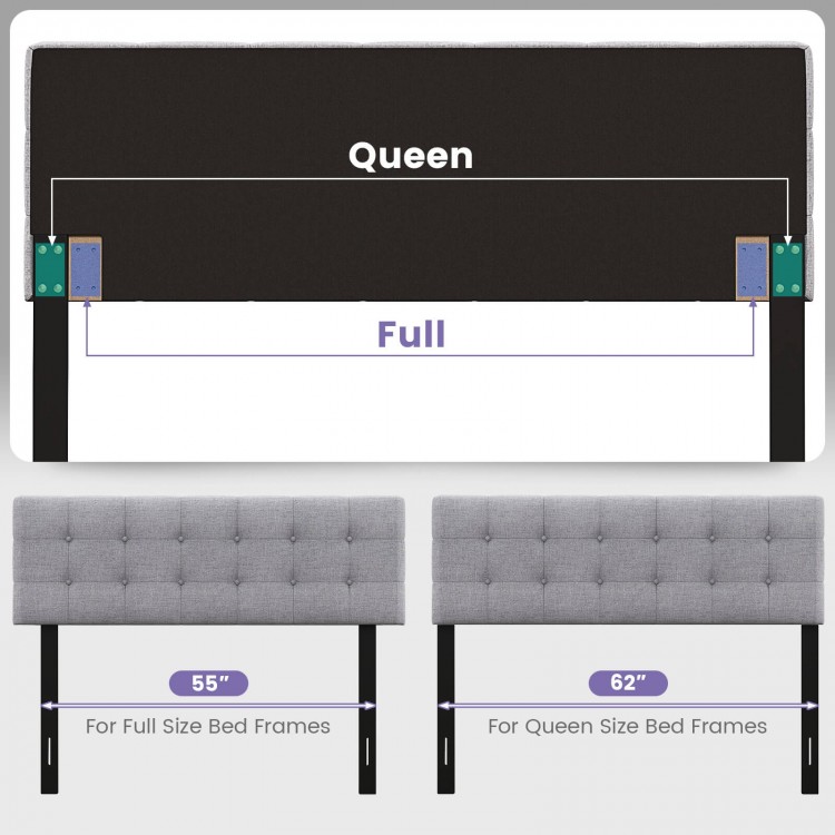 Adjustable gray linen upholstered headboard with button tufting for full/queen size beds, featuring solid rubber wood.