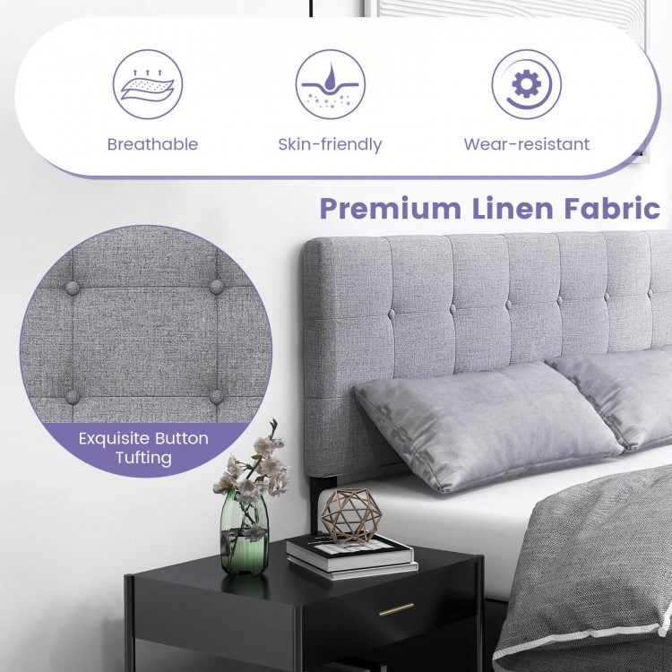 Linen upholstered headboard in gray with button tufting and solid rubber wood legs, ideal for full/queen beds.