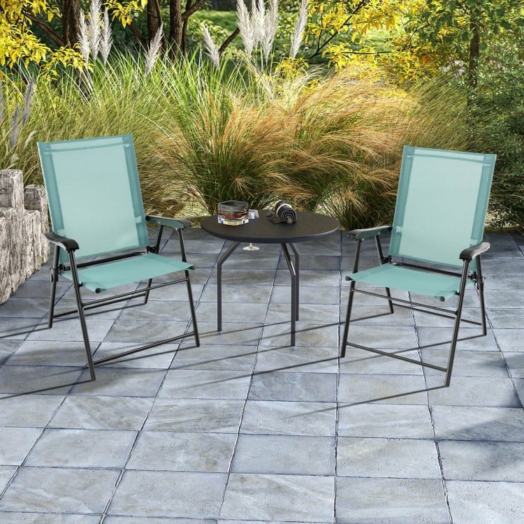 Light green patio dining chairs with armrests and metal frame, perfect for outdoor relaxation on the porch or garden.
