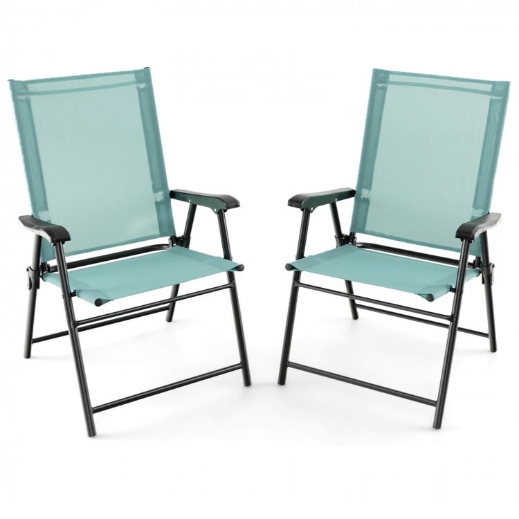 Light green patio dining chairs set with armrests and metal frame, foldable design for outdoor use and easy storage.