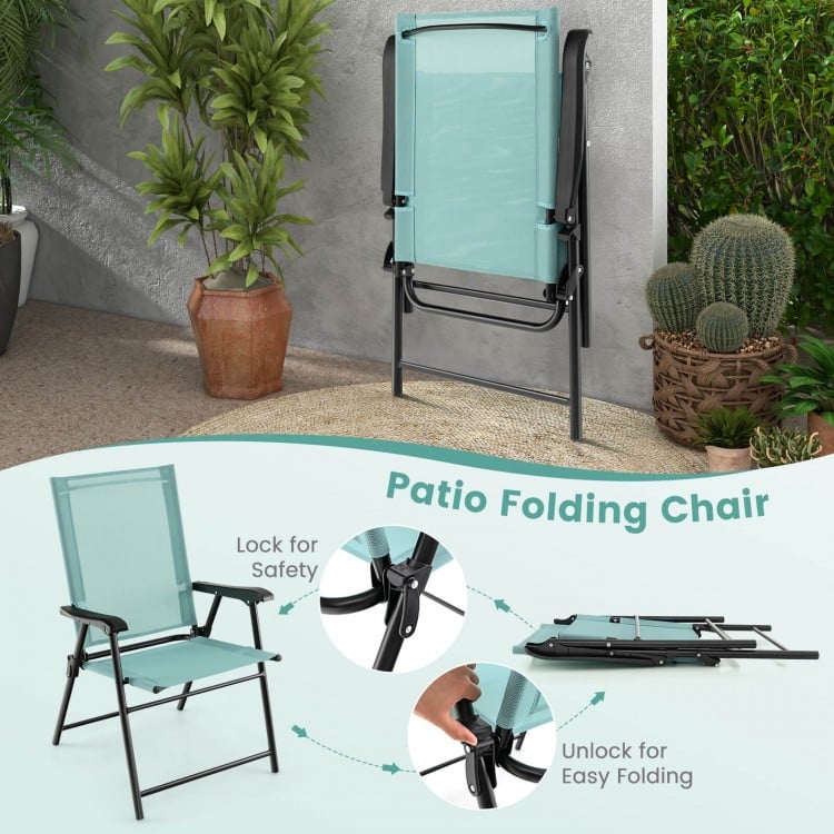 Light green patio folding chair with metal frame, featuring armrests and a lock for safety, perfect for outdoor use.