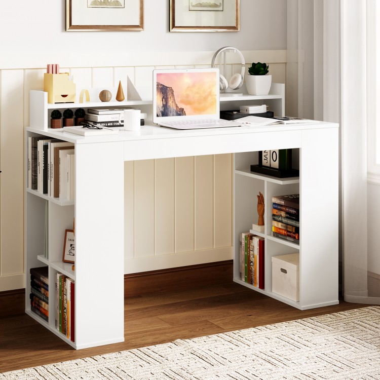 White office computer desk with dual 3-tier bookshelves and monitor shelf, ideal for ergonomic working and home decor.