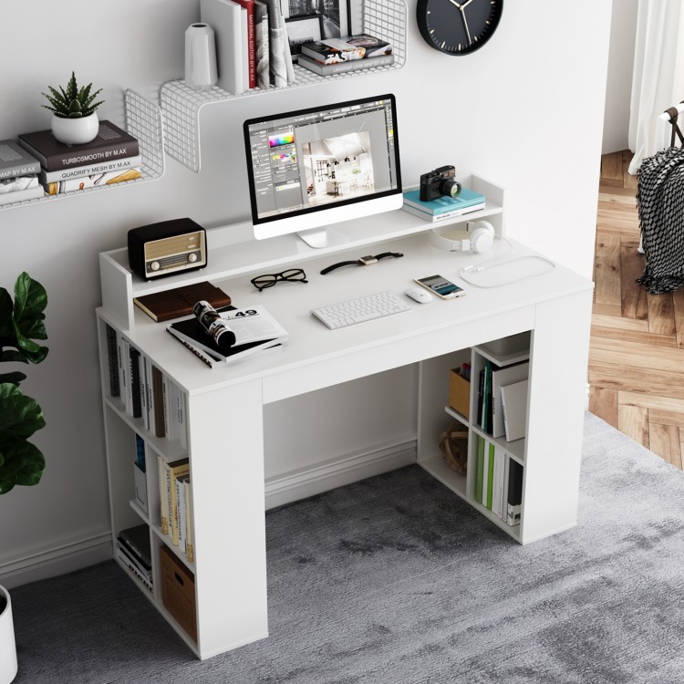 Office computer desk in white with dual 3-tier bookshelves and monitor shelf, ideal for ergonomic workspace.