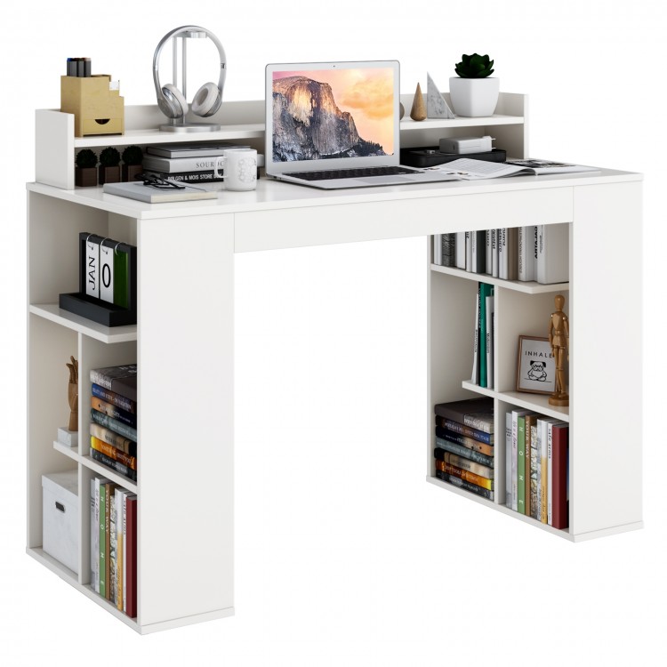 Office computer desk in white with dual 3-tier bookshelves and monitor shelf, ideal for ergonomic workspace setup.