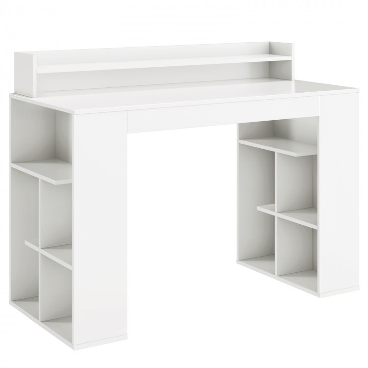 White office computer desk featuring dual 3-tier bookshelves and monitor shelf for ergonomic use and stylish.