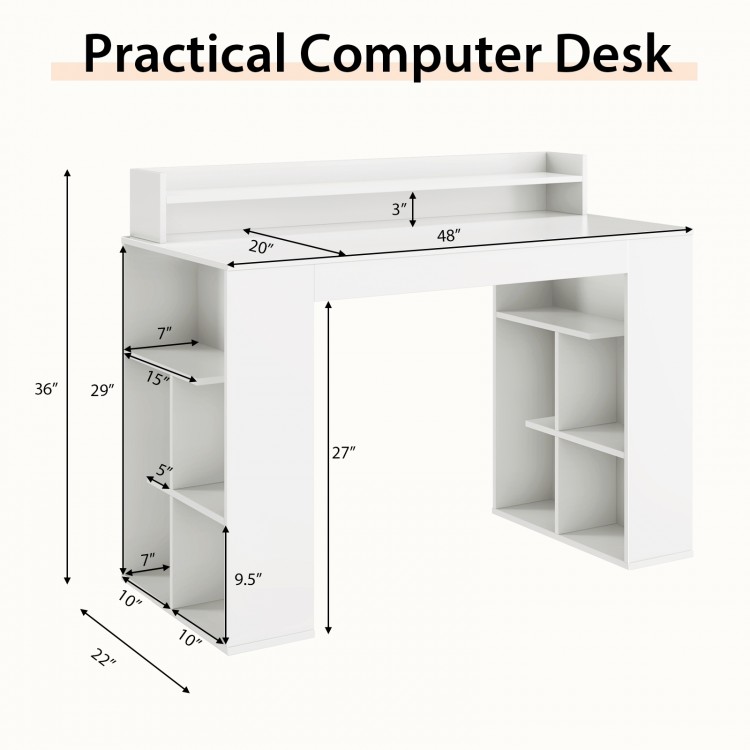 Practical white office computer desk with dual 3-tier bookshelves and monitor shelf, ideal for ergonomic workspace.