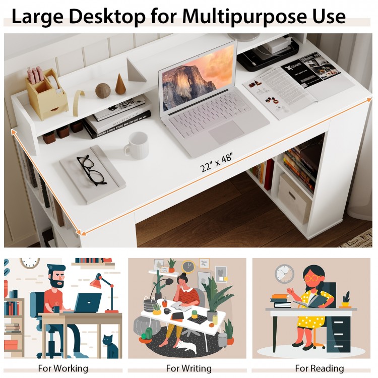 Office computer desk in white with large 22" x 48" desktop, dual 3-tier bookshelves, ideal for working and reading.