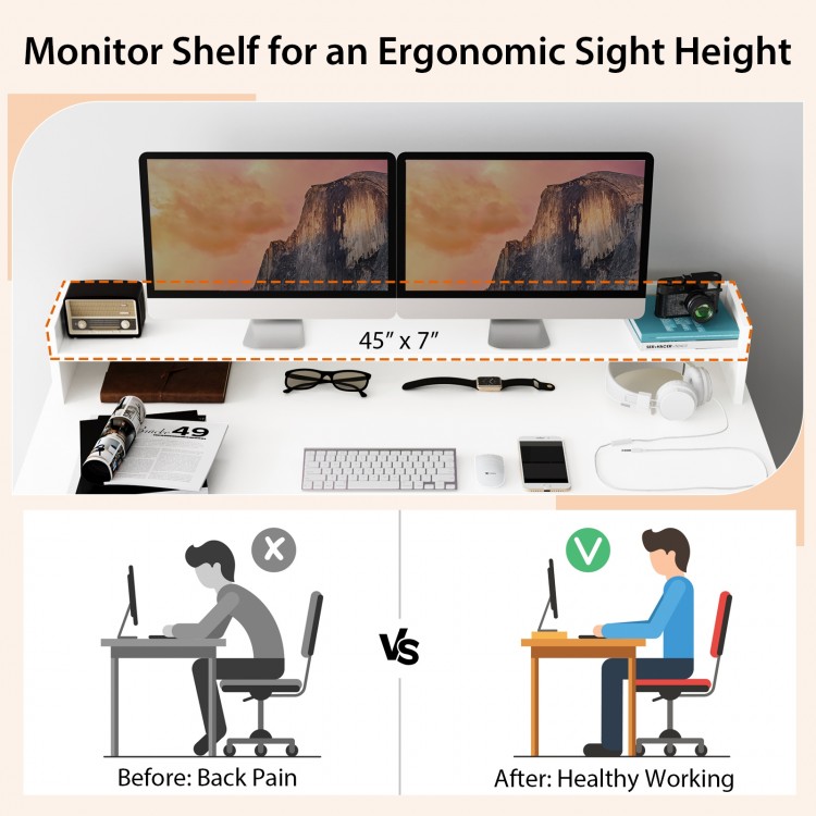 Monitor shelf for ergonomic sight height, featuring a large desktop and dual 3-tier bookshelves in pure white.