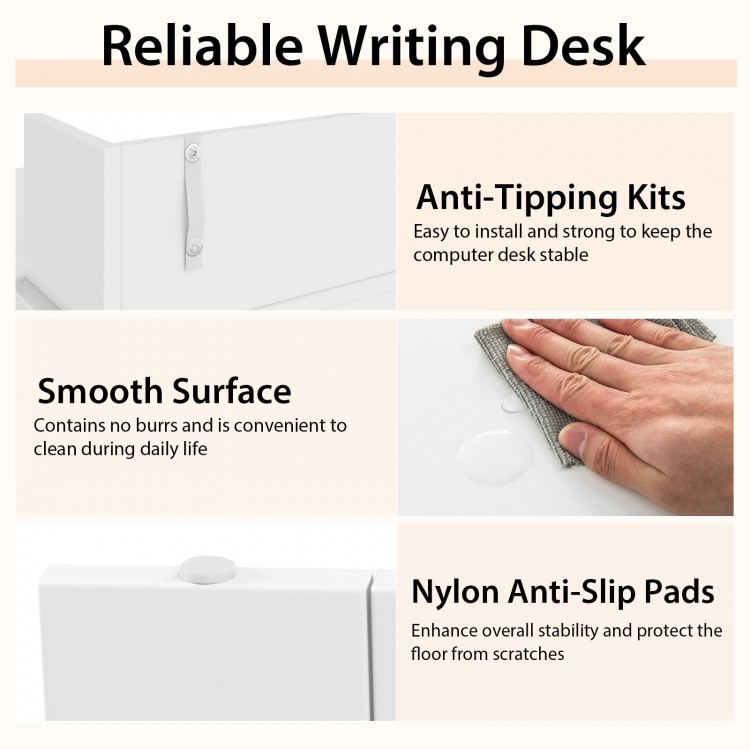 Office computer desk in white with dual 3-tier bookshelves, monitor shelf, and anti-slip pads for stability and style.