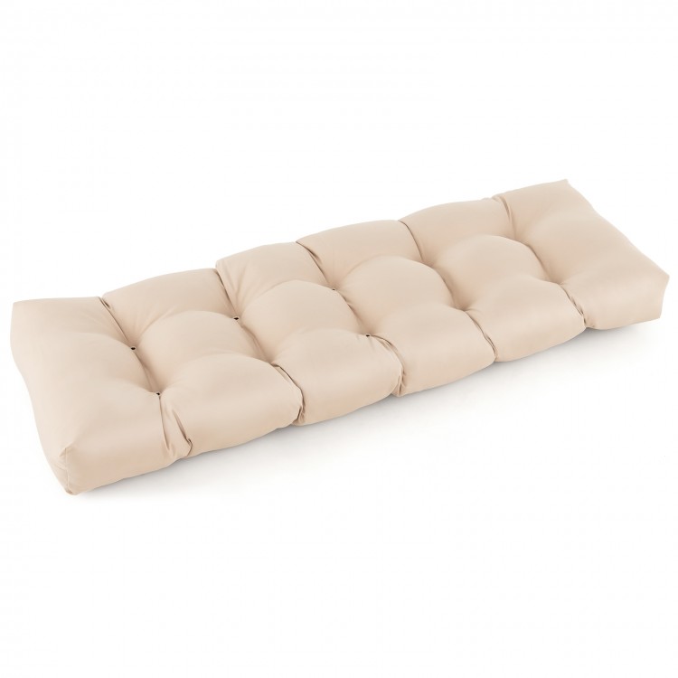 Beige tufted bench cushion made of durable polyester and PP cotton, 6" thick for indoor and outdoor loveseats.