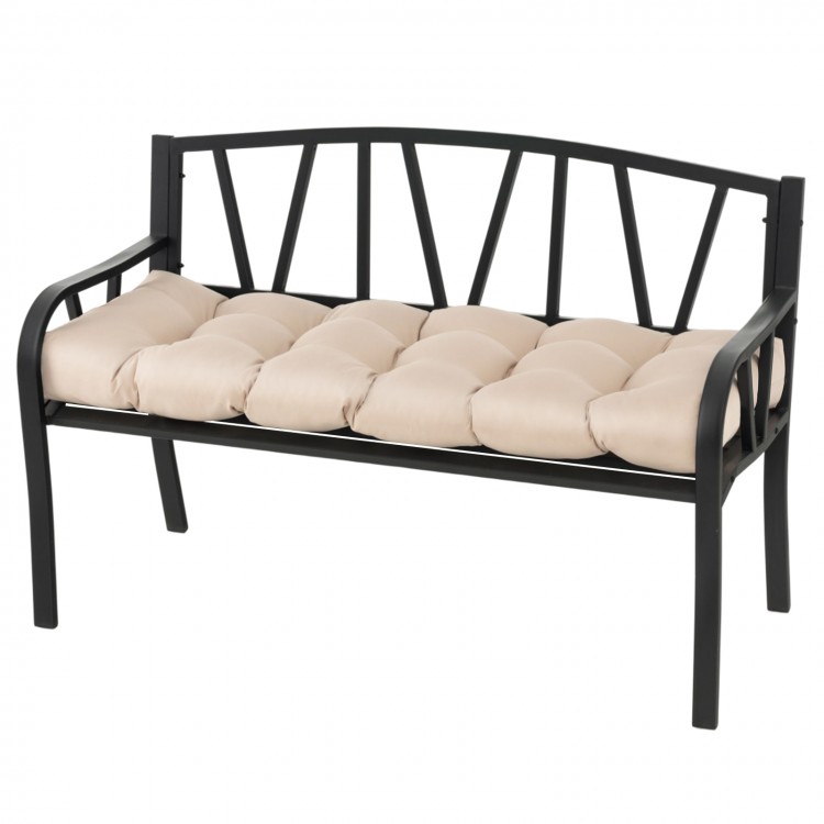 Tufted bench cushion in beige with 6" thickness, made of durable polyester and PP cotton for indoor and outdoor use.