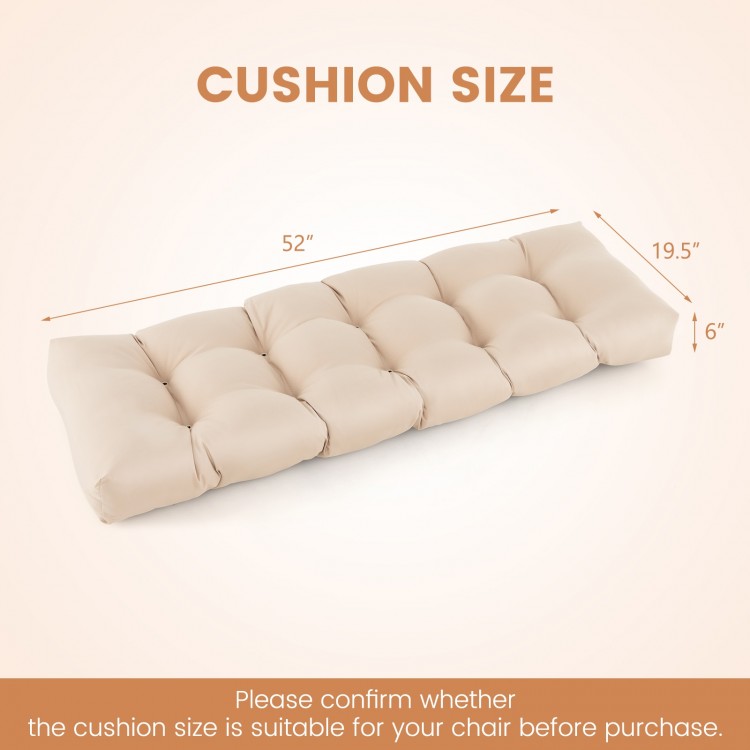 Beige tufted bench cushion measuring 52" x 19.5" x 6", made of soft PP cotton for indoor and outdoor use.
