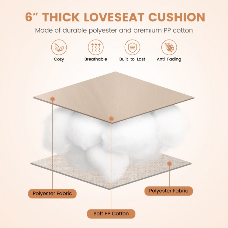 Beige tufted loveseat cushion made of durable polyester and soft PP cotton, 6" thick for indoor and outdoor use.