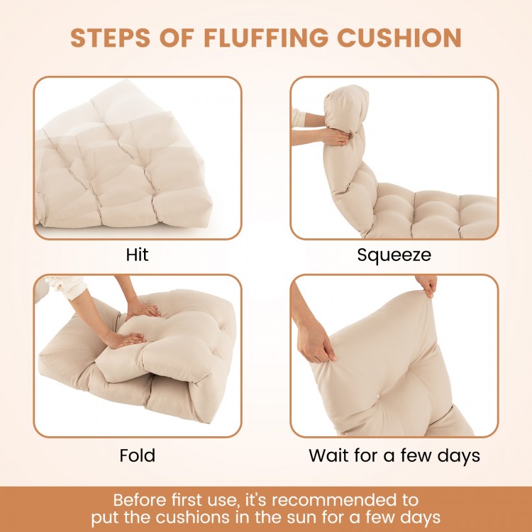 Steps to fluff the Indoor Outdoor Tufted Bench Cushion in beige, showcasing hitting, squeezing, folding, and waiting.