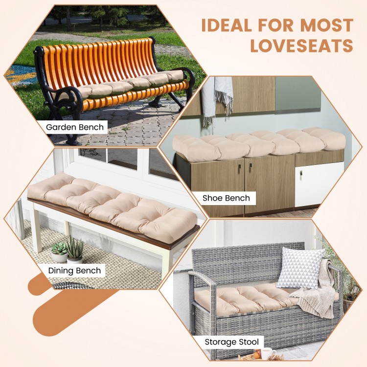 Tufted bench cushion in beige, 6" thick, made of durable polyester and PP cotton, ideal for indoor and outdoor.
