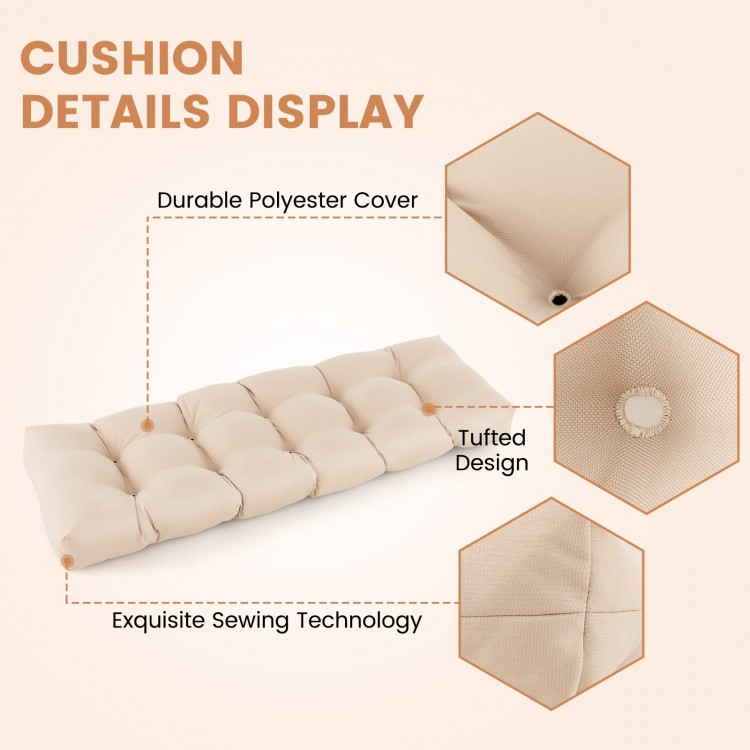 Beige tufted bench cushion with durable polyester cover and soft PP cotton, ideal for indoor and outdoor loveseats.