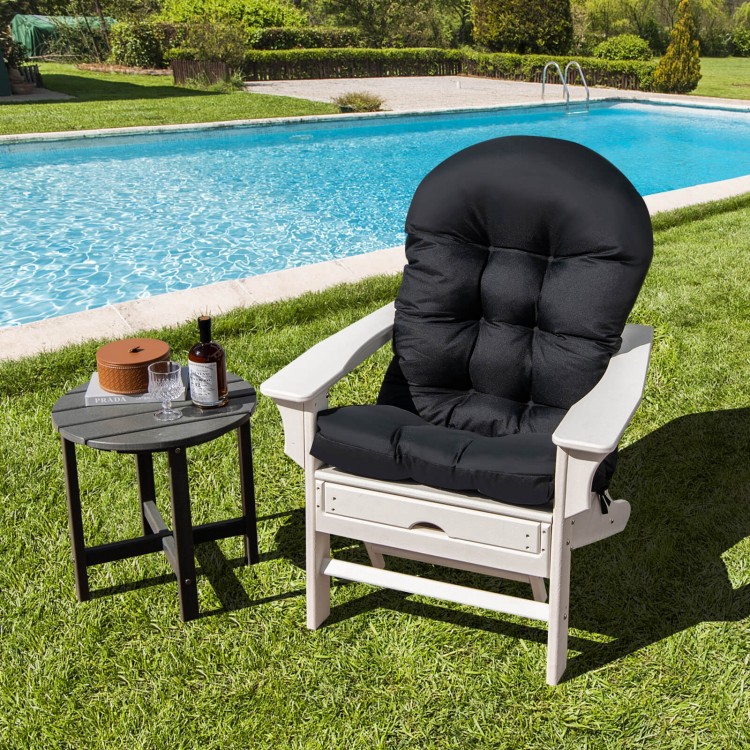 Black patio Adirondack chair cushion with fixing straps, featuring high-density PP cotton for optimal comfort outdoors.