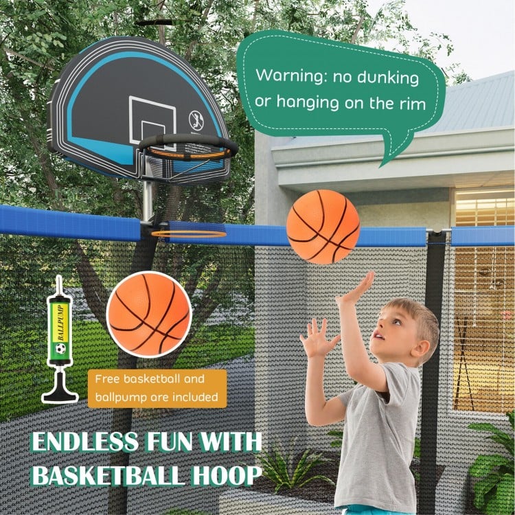 Recreational trampoline with basketball hoop, safety enclosure net, and free basketball for outdoor fun.