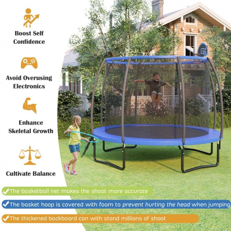 8-foot recreational trampoline with basketball hoop, safety net, and sturdy galvanized steel frame for outdoor fun.
